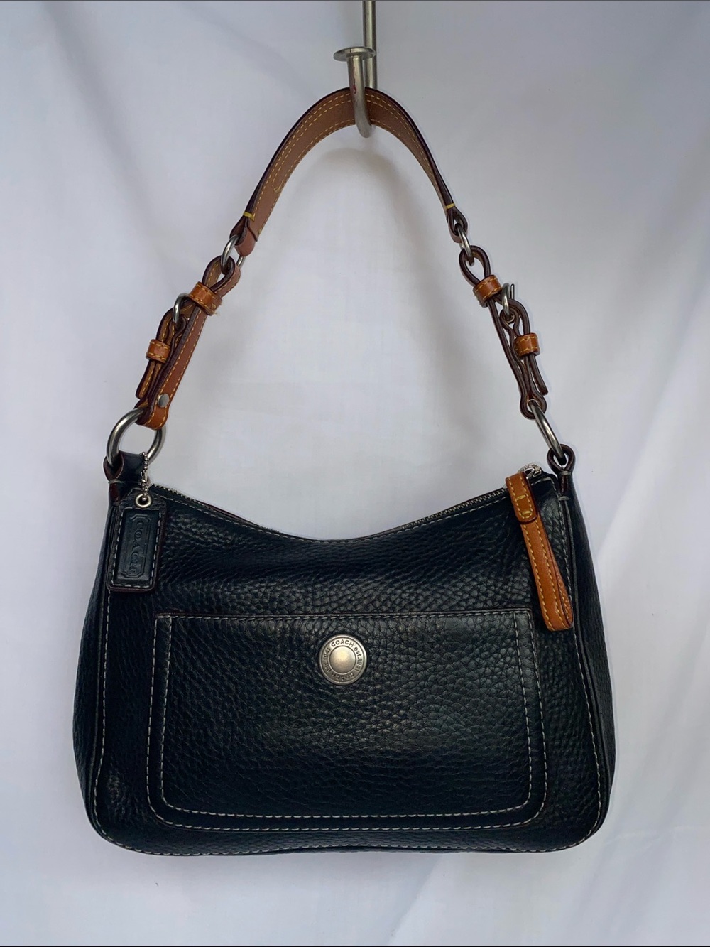 Vintage Coach 8E99 Chelsea Black Pebbled Leather Shoulder Hobo Bag Brown Trim